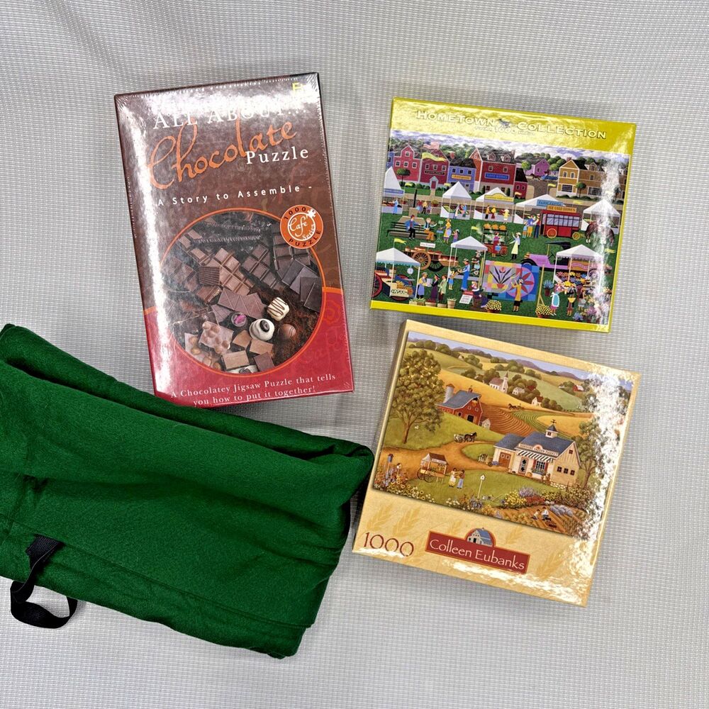 Lot of 3 - 1000 piece Factory Sealed Jigsaw Puzzles with Large Felt Puzzle Mat
